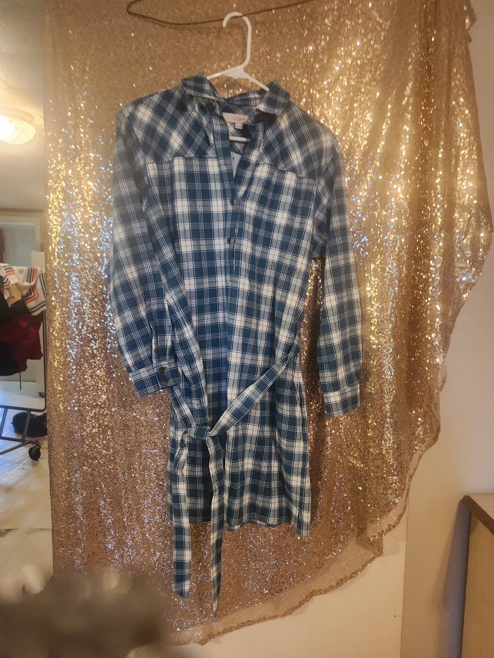 LOFT Blue and White Plaid Tie-Waist Mini Dress